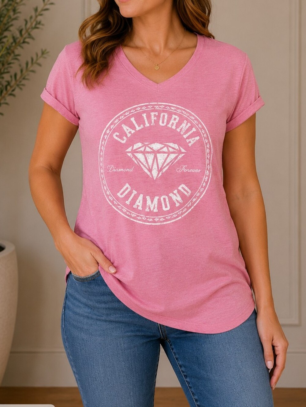 GREEN SLEEVED | Women's Pink California Diamond Graphic T-Shirt | Size Large